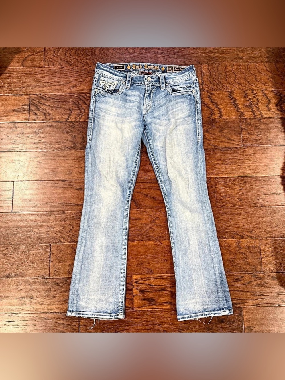 Rock Revival Jeans Womens Clea Easy Boot 30 Blue Bootcut Distressed Rhinestone